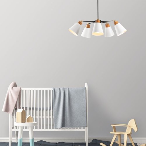Elegáns skandináv csillár, fém test fa alappal, 58 cm átmérő, 68 cm magasság | 5 x E27 Max 40W | Stílusos fehér design modern terekhez