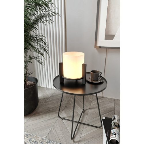 Elegáns fekete asztali lámpa, MDF ház, Bristol papír kupak (14 cm átmérő, 16 cm magasság) | E27 aljzat, max 40W | Stílusos világítás otthoni és irodai használatra