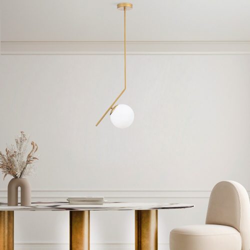 Elegáns arany csillár, fém test, 76 cm magas, 15 cm üvegkupak, Ø10 cm alaplap, E27 aljzat (max. 40 W), stílusos világítás modern terekbe