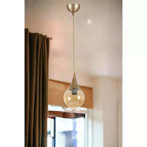 Elegáns borostyán és arany csillár, fém test, állítható magasság (25-70 cm), 15 cm átmérő, E27 aljzat, max 40W, IP20 | Modern dekorációhoz tökéletes