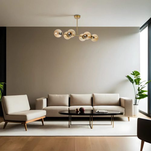 Elegáns borostyán és arany csillár, fém test, 90 cm hosszú, 15 cm sapka átmérő, E27 foglalat, 65 cm magasság | Stílusos világítás modern terekhez, IP20 besorolású