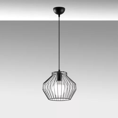 Ipari fekete csillár, fém test, 25 x 25 cm, magasság 116 cm, állítható, E27 aljzat, elegáns design modern terekbe, IP20 besorolás