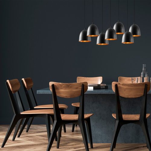 Modern ipari csillár, fekete fém test, 85 x 35 cm, magasság 113 cm, állítható, 7 x E27 Max 40 W, stílusos világítás otthonra és irodába