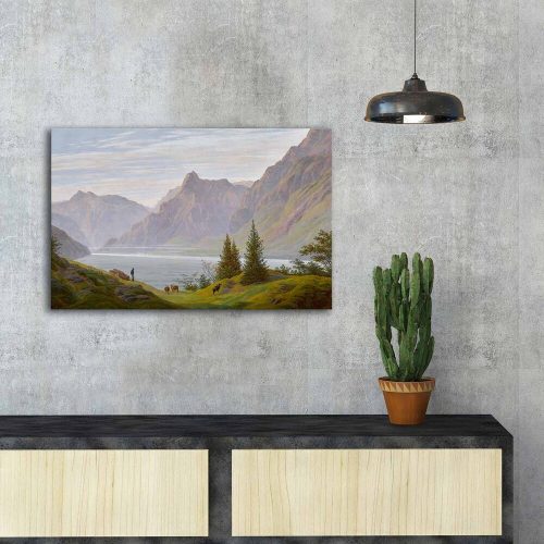 Caspar David Friedrich elegáns dekoratív vászonfestménye, 45 x 70 cm | 100% velúr vászon, 100% fa keret (3 cm) | Lenyűgöző hegyi tó táj