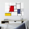 Piet Mondrian dekoratív edzett üvegfestménye, 70 x 100 cm, 100% edzett üveg (4 mm) | Élénk vörös, kék és sárga | Modern dekorációhoz tökéletes