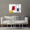 Piet Mondrian dekoratív edzett üvegfestménye, 70 x 100 cm, 100% edzett üveg (4 mm) | Élénk vörös, kék és sárga | Modern dekorációhoz tökéletes