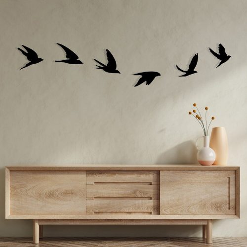 Elegáns fekete fém madárfaldísz (6 db) | 100% fém, 1,2 mm vastag | Egyedi dekoratív kiegészítő otthoni és irodai használatra, stílusos és modern design