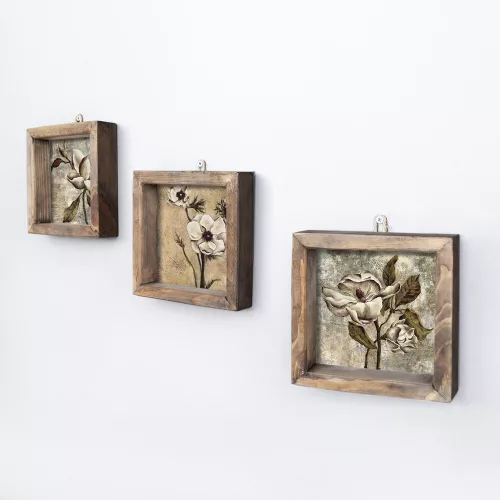 Elegáns dekoratív keretes MDF festmények (3 db), 15 x 15 cm | 100% MDF és fenyőfa keret, UV-nyomtatott | Tökéletes a lakberendezés és a művészet szerelmeseinek