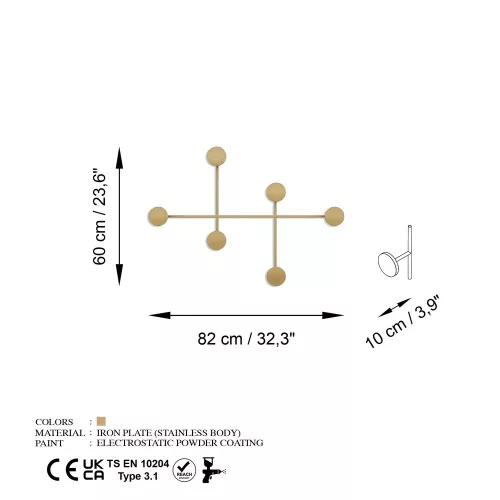 Tartós arany fém fali kampó, 82 x 60 x 10 cm | 100% fém, 10 mm vastagság | 10 kg-ig tart | Stílusos és funkcionális lakberendezéshez