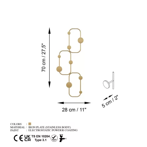Elegáns arany fém fali kampó, 28 x 5 cm, magasság 70 cm | Tartós Ø9 mm Test, Max 10 kg Terhelhetőség | Tökéletes otthoni és irodai dekorációhoz