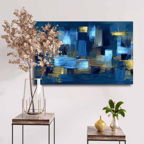 Elegáns dekoratív vászonfestmény, 45 x 70 cm | 100% vászon (2,8 mm) és fenyőfa keret (22 mm) | Kék, sötétkék, barna és arany színek a stílusos lakberendezéshez