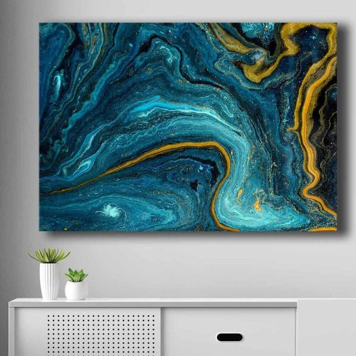 Elegáns dekoratív vászonfestmény, 70 x 100 cm | 100% vászon (2,8 mm) és fenyőfa keret (22 mm) | Lenyűgöző kék, sötétkék és arany dizájn otthoni dekorációhoz