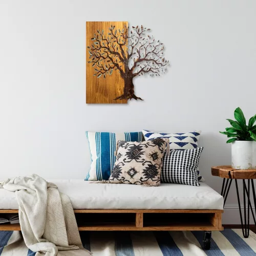 Kézzel festett dekoratív fa falkiegészítő, 60 x 58 x 3 cm | 100% tömör fa (3 cm) és fém (1,5 mm) | Egyedi művészet lakberendezéshez, természetes változatok