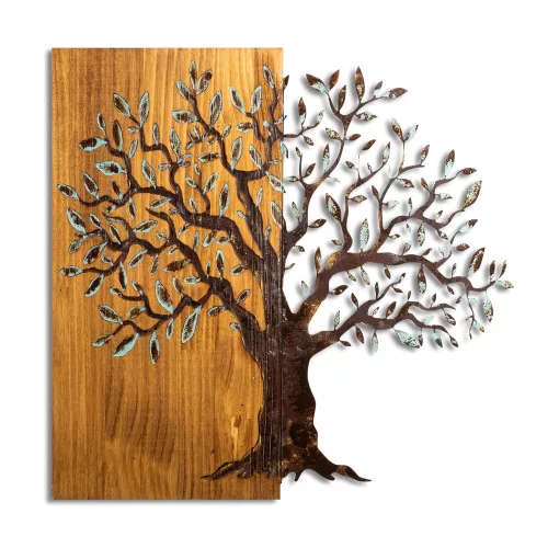 Kézzel festett dekoratív fa falkiegészítő, 60 x 58 x 3 cm | 100% tömör fa (3 cm) és fém (1,5 mm) | Egyedi művészet lakberendezéshez, természetes változatok