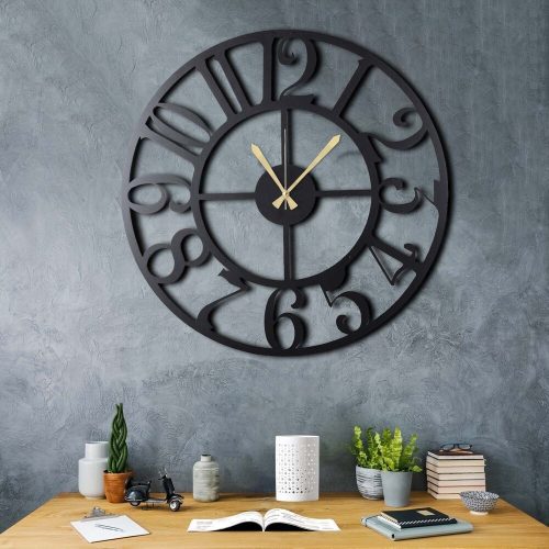 Elegáns fekete dekoratív fém falióra, 70 x 70 cm | 100% fém (2 mm) | Csendes mechanizmus, egyszerű fali rögzítés | Stílusos kiegészítő bármilyen helyhez