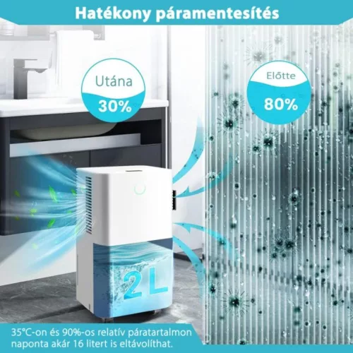 HOMEFORT HPMS12W Páramentesítő, 12 L/nap, Digitális kijelző, Gyerekzár, Időzítő, 2 L tartály, Telítettségjelző, Zajszint: 38 dB, Kivezethető cseppvíz