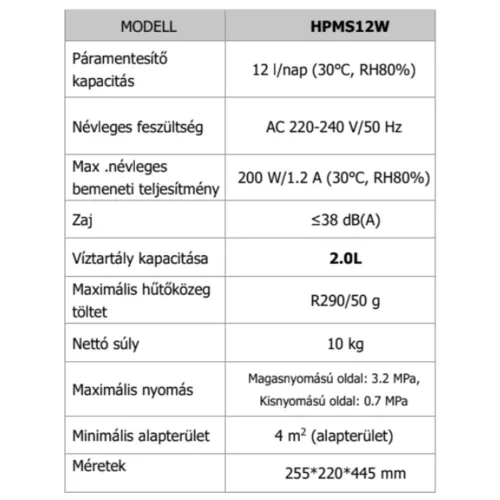 HOMEFORT HPMS12W Páramentesítő, 12 L/nap, Digitális kijelző, Gyerekzár, Időzítő, 2 L tartály, Telítettségjelző, Zajszint: 38 dB, Kivezethető cseppvíz