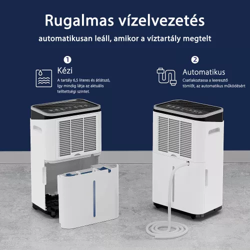 HOMEFORT HPMS20W Páramentesítő, 20 L/nap, Digitális kijelző, Gyerekzár, Időzítő, 6, 5 L tartály, Telítettségjelző, Zajszint: 42 dB, Kivezethető cseppvíz