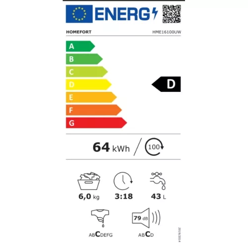 HOMEFORT HME16100UW Elöltöltős mosógép D energiaosztály, 6 kg, Keskeny mélység, 1000 fordulat/perc, Centrifugálási zajszint: 79 dB, Inverter motor nélkül, Gőzfunkcióval