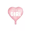 "It's a girl" fólia lufi babaváró bulira, szív alakú, rózsaszín, 48 cm