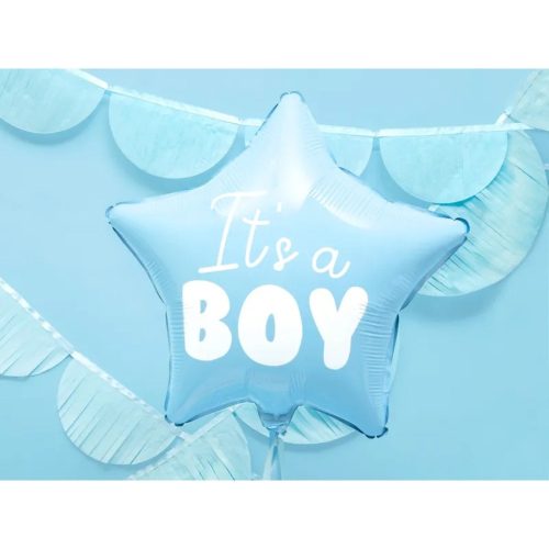 "It's a boy" fólia lufi babaváró bulira, csillag, kék, 48cm