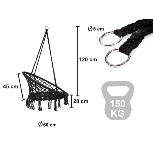 LUARO Hintaszék Gólyafészek Fekete 80cm 150kg