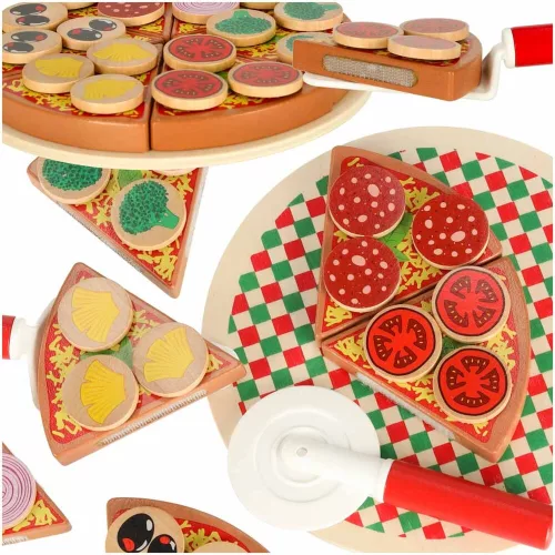 Pizza fa játékkészlet tépőzáras kiegészítőkkel, spatulával, késsel, tányérral, vágás tanulására, 20cm