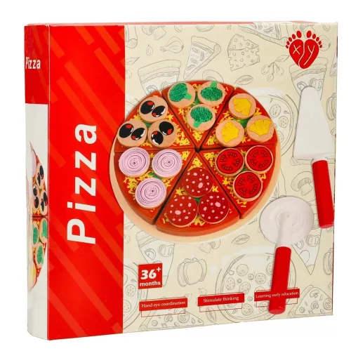 Pizza fa játékkészlet tépőzáras kiegészítőkkel, spatulával, késsel, tányérral, vágás tanulására, 20cm