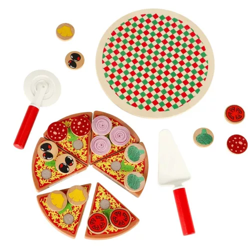 Pizza fa játékkészlet tépőzáras kiegészítőkkel, spatulával, késsel, tányérral, vágás tanulására, 20cm