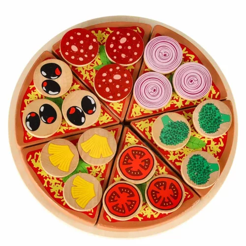 Pizza fa játékkészlet tépőzáras kiegészítőkkel, spatulával, késsel, tányérral, vágás tanulására, 20cm