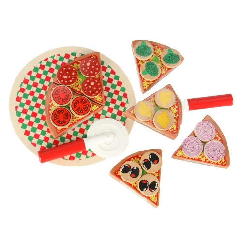 Pizza fa játékkészlet tépőzáras kiegészítőkkel, spatulával, késsel, tányérral, vágás tanulására, 20cm