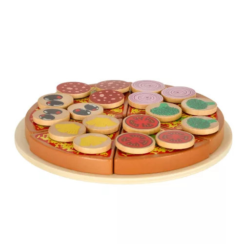 Pizza fa játékkészlet tépőzáras kiegészítőkkel, spatulával, késsel, tányérral, vágás tanulására, 20cm