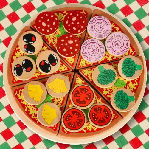 Pizza fa játékkészlet tépőzáras kiegészítőkkel, spatulával, késsel, tányérral, vágás tanulására, 20cm