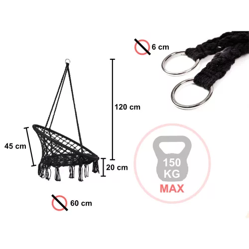 LUARO hintaszék gólyafészek párnával fekete 80cm 150kg