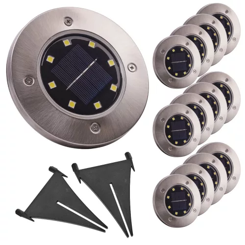 Napelemes kerti lámpák, talajra kapcsolható, alkonyérzékelős, beépített, világító tárcsás, 8 LED, 12 db, hideg fehér