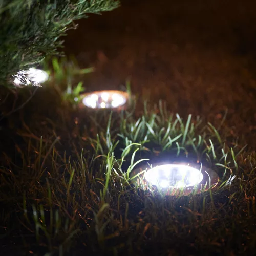Napelemes kerti lámpák, talajra kapcsolható, alkonyérzékelős, beépített, világító tárcsás, 8 LED, 12 db, hideg fehér