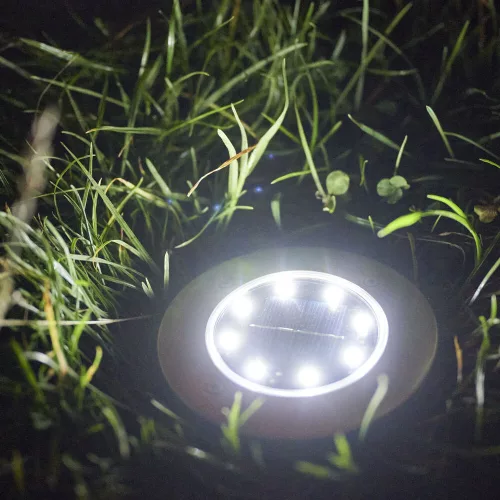 Napelemes kerti lámpák, talajra kapcsolható, alkonyérzékelős, beépített, világító tárcsás, 8 LED, 12 db, hideg fehér