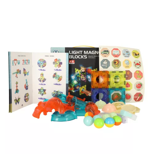 Magnetic cub de construcție marmură teren de mingi, luminos, 49 piese