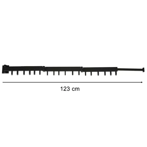 Ruhaszárító állvány, falra szerelhető, összecsukható, teleszkópos, fekete, 18 akasztó, 123 cm