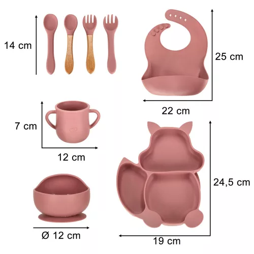 Szilikon gyerek tányérok, mókus, 9 darabos készlet, sötét rózsaszín