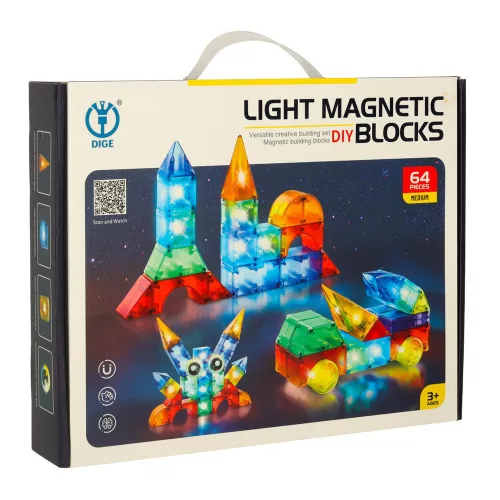 Magnetic cuburi de construcție, luminos baterii, 3D figurine, 64 buc.