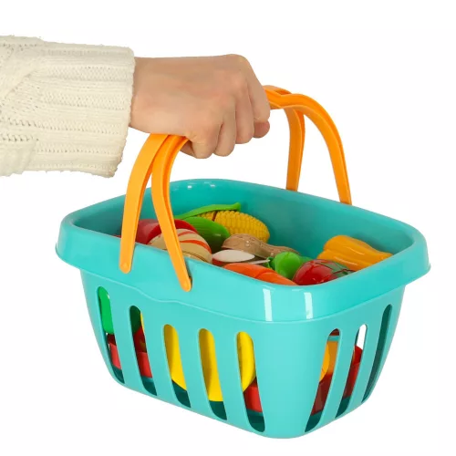 Zöldségek, gyümölcsök, vágóedények, bevásárlókosár, kiegészítők