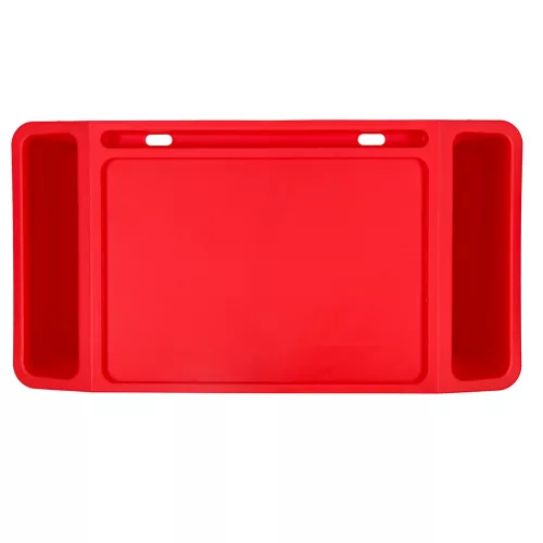 Laptopasztal szervezővel, utazókocsi gyerekeknek zsebekkel, reggeliző állvány, hordozható, stabil, piros