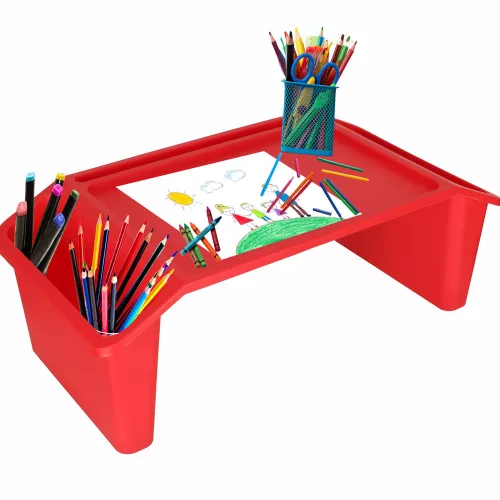 Laptopasztal szervezővel, utazókocsi gyerekeknek zsebekkel, reggeliző állvány, hordozható, stabil, piros
