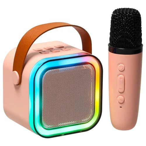 Karaoke szett Bluetooth hangszóró mikrofon USB LED rózsaszín