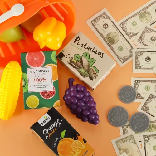 Gyerek pénztárgép szupermarketbe, szkennerbe, számológépbe, tartozékokkal, 36 db-os kosár.