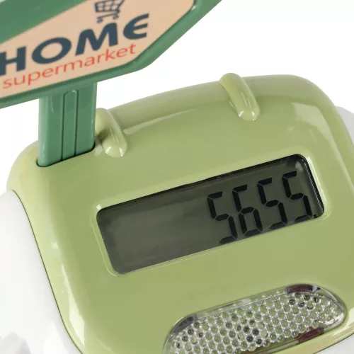 Gyerek pénztárgép szupermarketbe, szkennerbe, számológépbe, tartozékokkal, 36 db-os kosár.