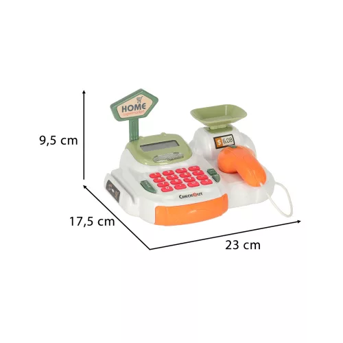 Gyerek pénztárgép szupermarketbe, szkennerbe, számológépbe, tartozékokkal, 36 db-os kosár.