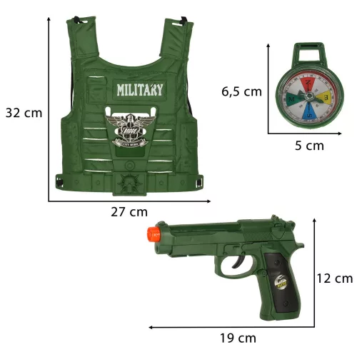 Katonai öltözék szett, mellény, puska, távcső