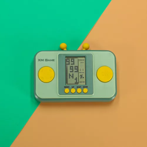 Arcade játék, elektronikus konzol, retró játék, hordozható, kézi, zöld